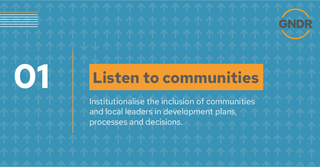 HLPF call to action 1 - listen to communities. Institutionalise the inclusion of communities and local leaders in development plans, processes and decisions. 