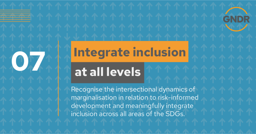 HLPF call to action 7 - integrate inclusion at all levels. Recognise the intersectional dynamics of marginalisation in relation to risk-informed development and meaningfully integrate inclusion across all areas of the SDGs.
